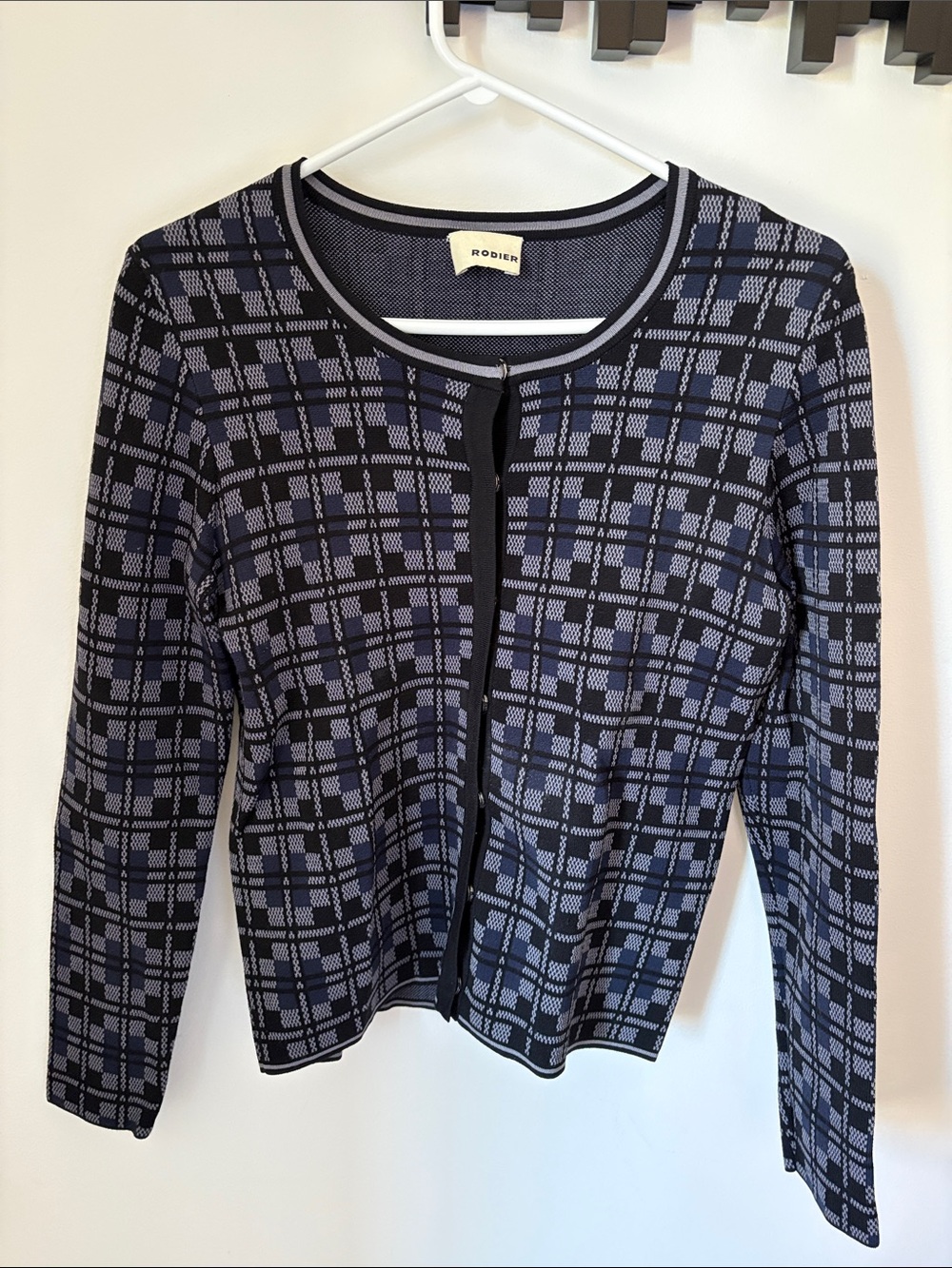 RODIER Black and Navy Plaid Knit Cardigan